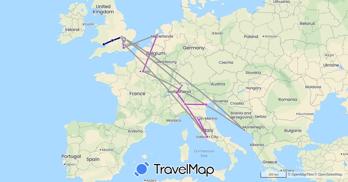 TravelMap itinerary: driving, plane, train in Switzerland, France, United Kingdom, Croatia, Italy, Netherlands (Europe)